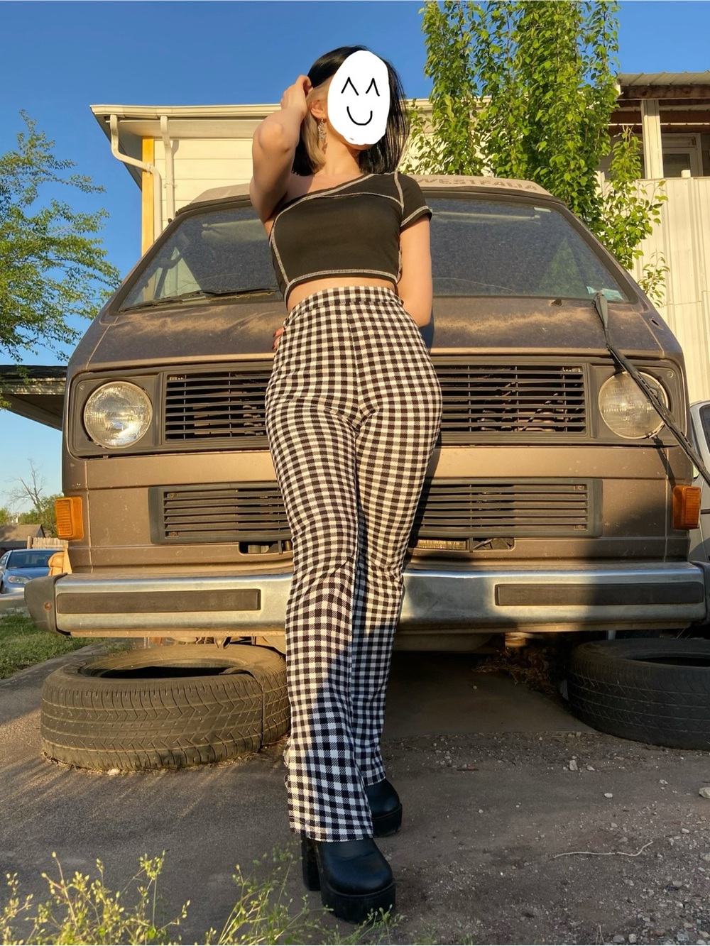 High waisted Black & White Gingham Flare Pants